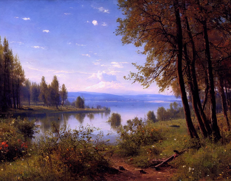 Tranquil Lake Scene with Trees, Sky, and Mountain