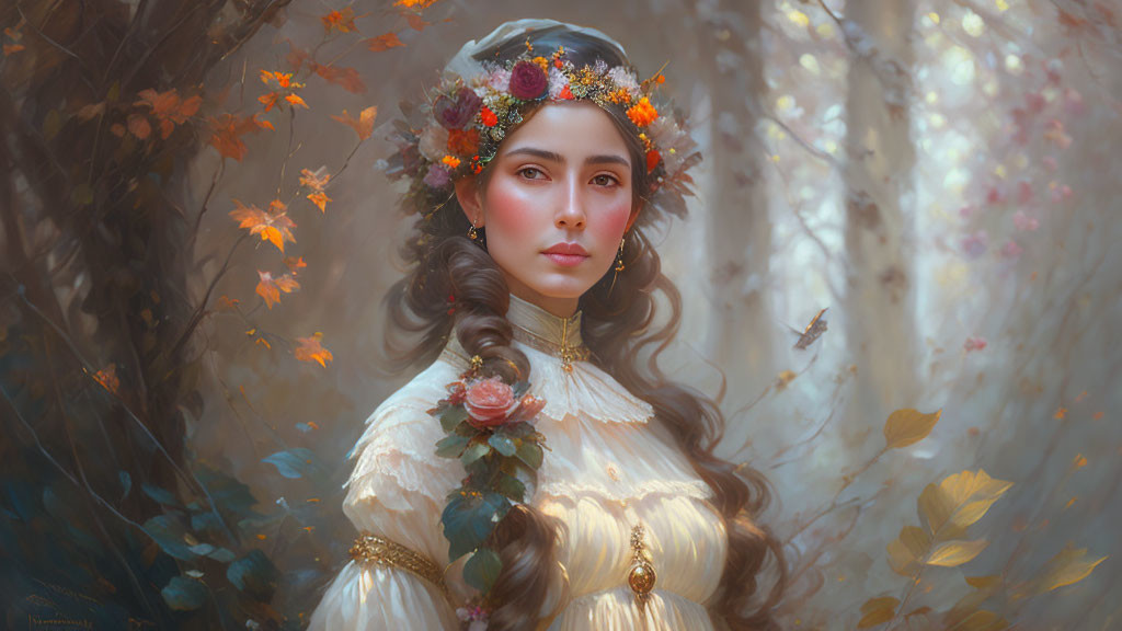 Woman with floral crown and veil in autumn forest backdrop