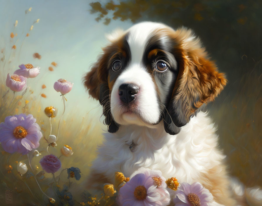 Young Spaniel Puppy Surrounded by Purple and Yellow Flowers