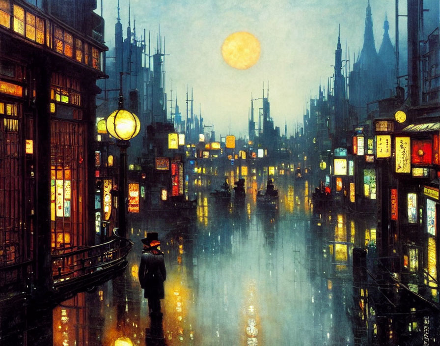 Rain-soaked street at night with glowing lanterns, full moon, silhouettes of people with