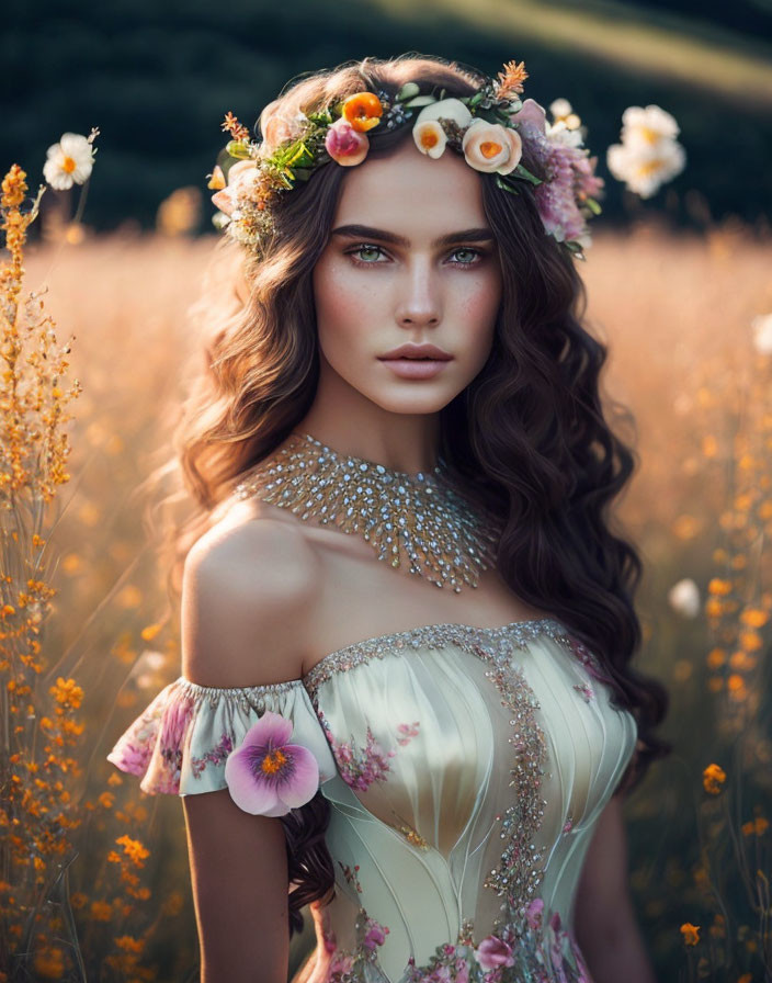 Woman in floral crown and ornate dress poses in field with dreamlike atmosphere