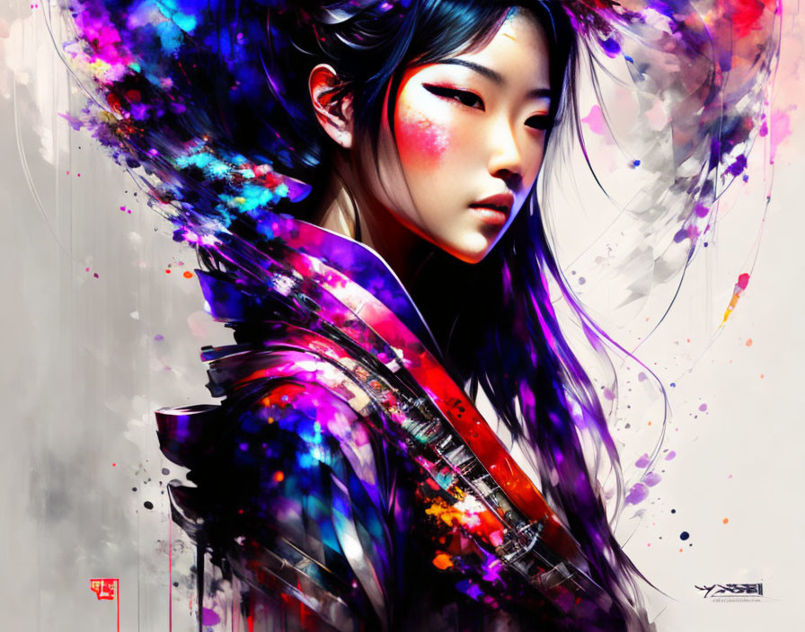 Colorful digital artwork: Woman with flowing hair and kimono, ink splashes