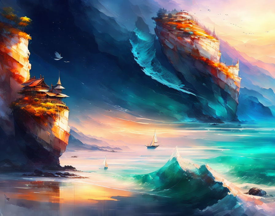 Fantastical seascape digital artwork with floating islands, pagoda, ocean, boats, and colorful