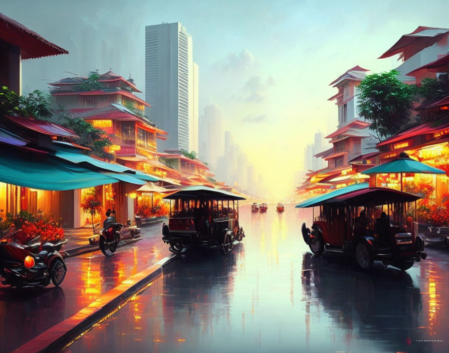 Futuristic cityscape blending Asian architecture with modern high-rises