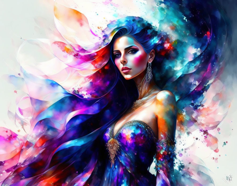 Colorful digital artwork: Woman with flowing hair in cosmic theme