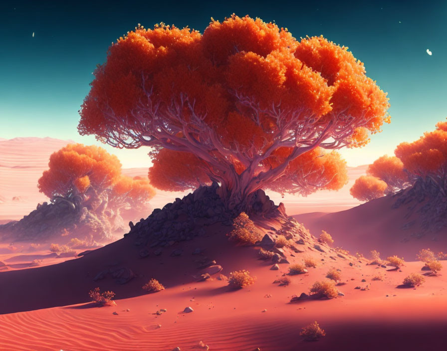 Orange Trees with Expansive Canopies in Serene Desert Landscape