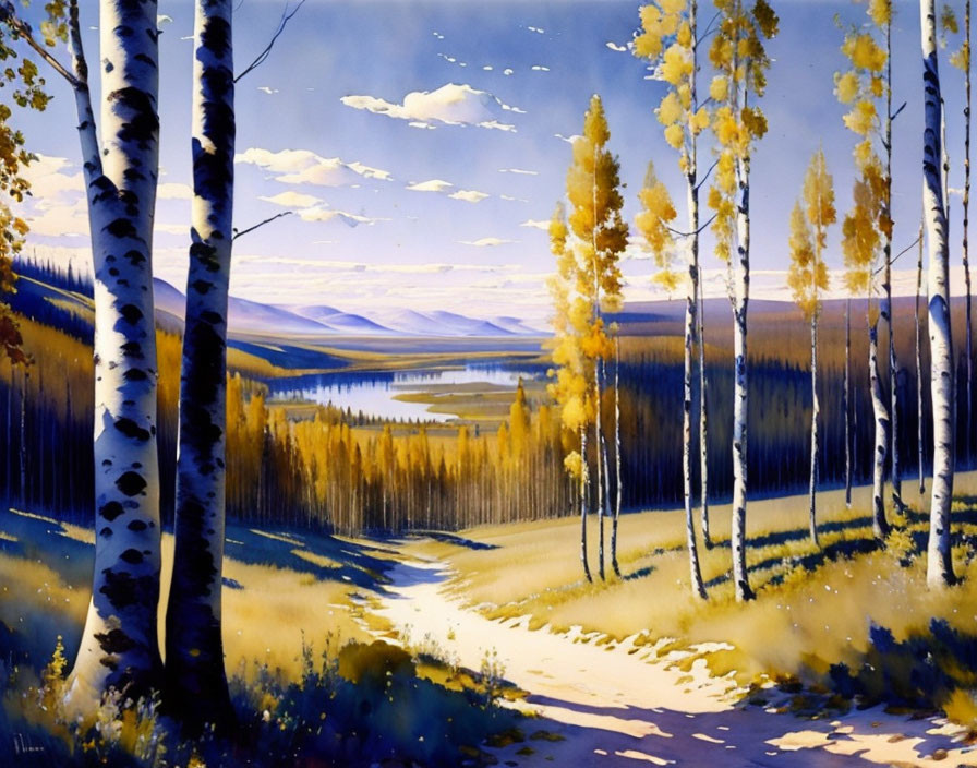 Autumn forest painting with birch trees, path, and river