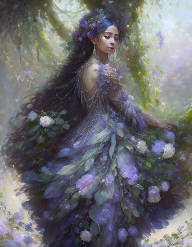 Mystical figure in floral gown in ethereal forest