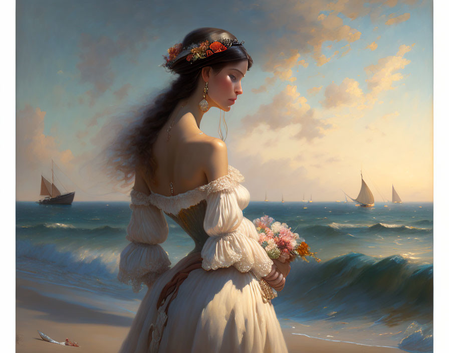 Vintage-dressed woman with flowers by the sea and sailboats under cloudy sky