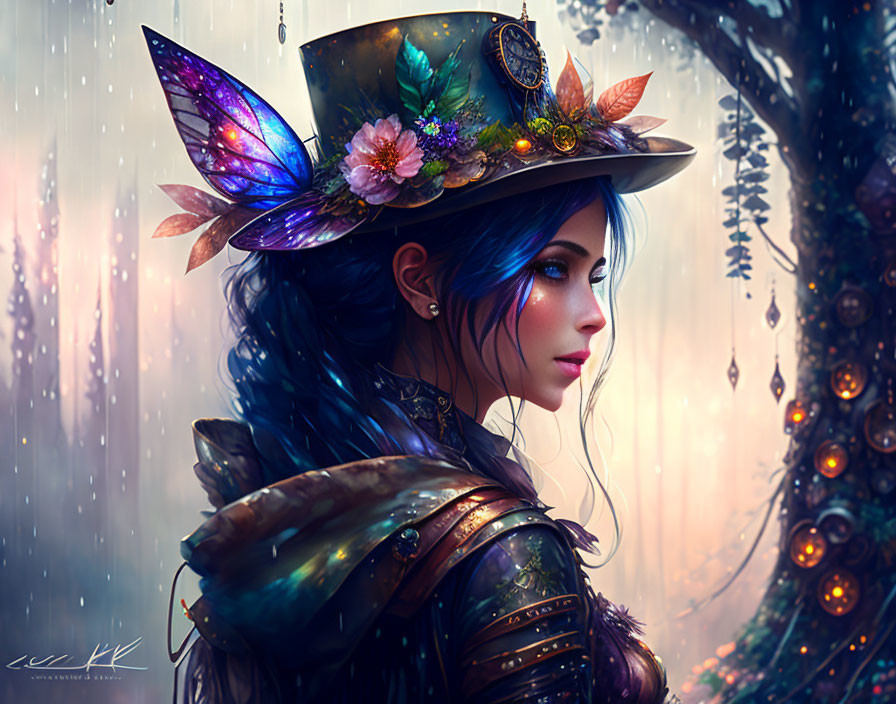 Digital artwork of woman with blue hair in flower and gear adorned top hat, set in mystical rain-st