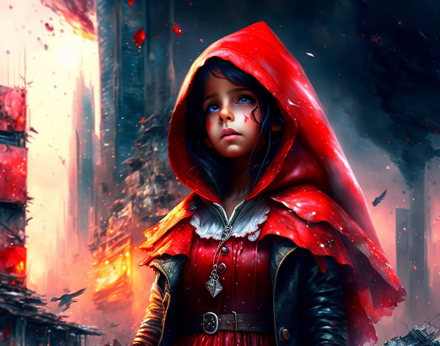 Young girl in red hooded cloak in dystopian setting with rubble and red leaves.