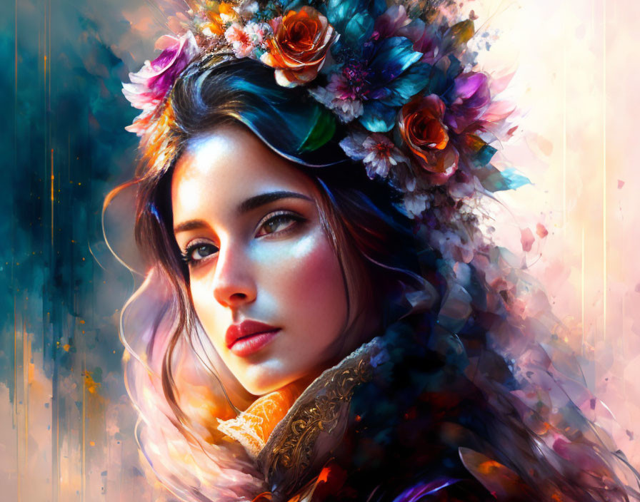 Colorful Floral Crown Digital Painting with Dreamy, Ethereal Vibes