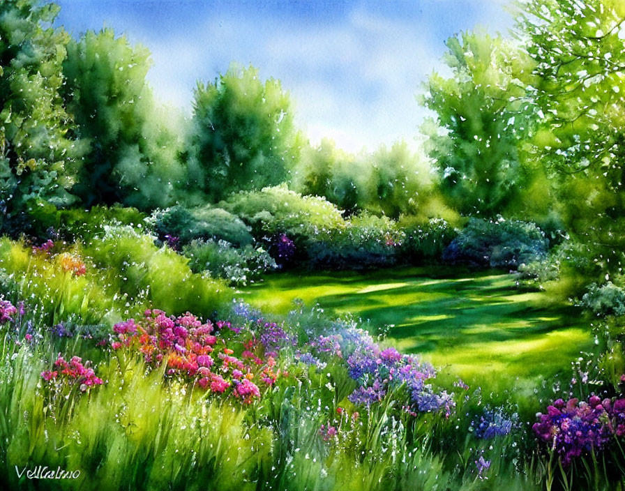 Vibrant purple and red flowers in lush garden scene