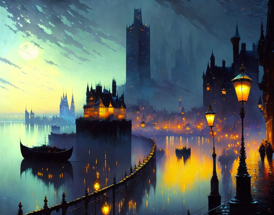 Nighttime fantasy cityscape with illuminated buildings, full moon, street lamps, and river reflections.