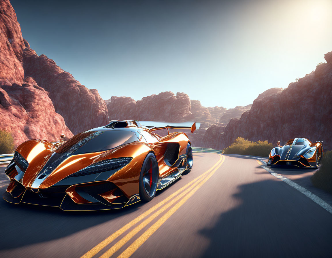 Futuristic sports cars race on desert mountain road