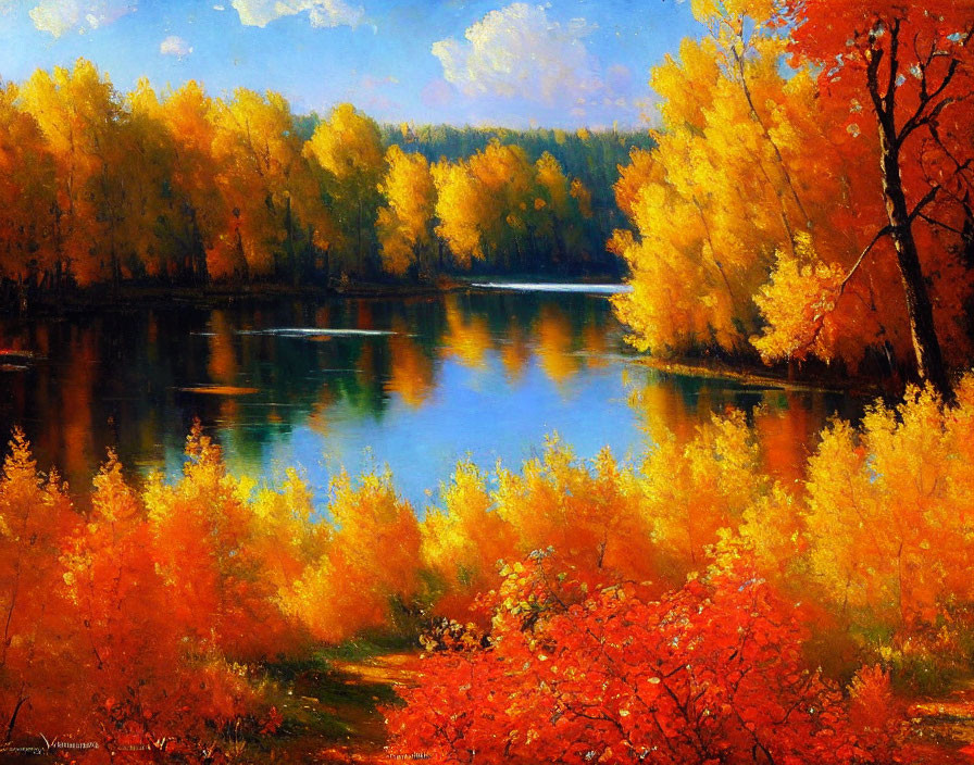 Scenic autumn landscape with golden foliage by blue lake