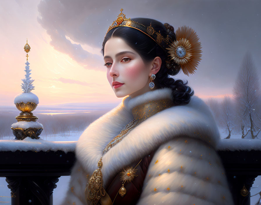 Regal woman in fur cloak and headdress in wintry sunset landscape