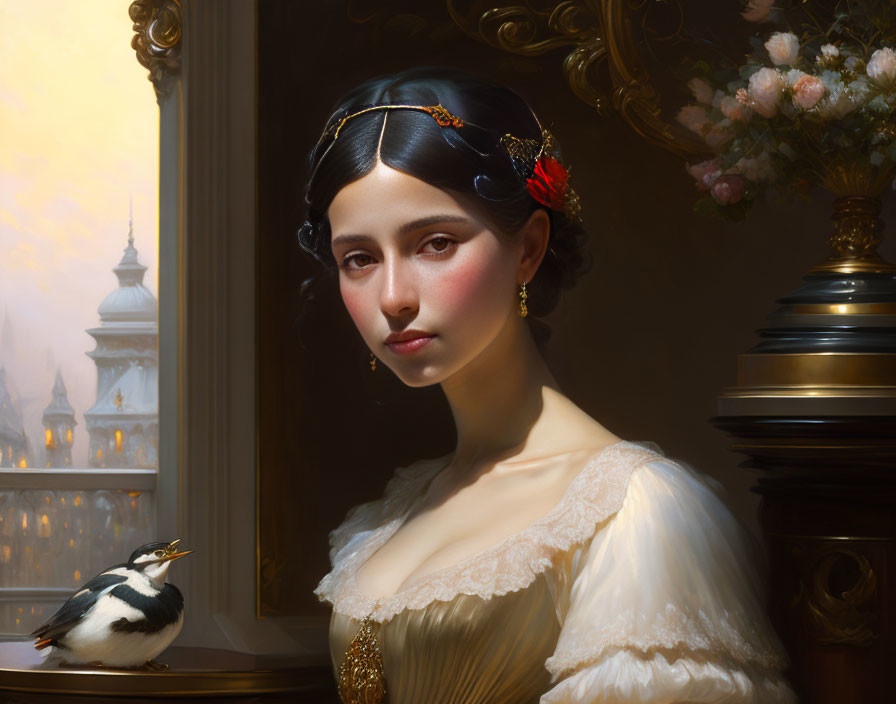 Classical-style portrait of woman with dark hair, red flower, white dress, gold headband,