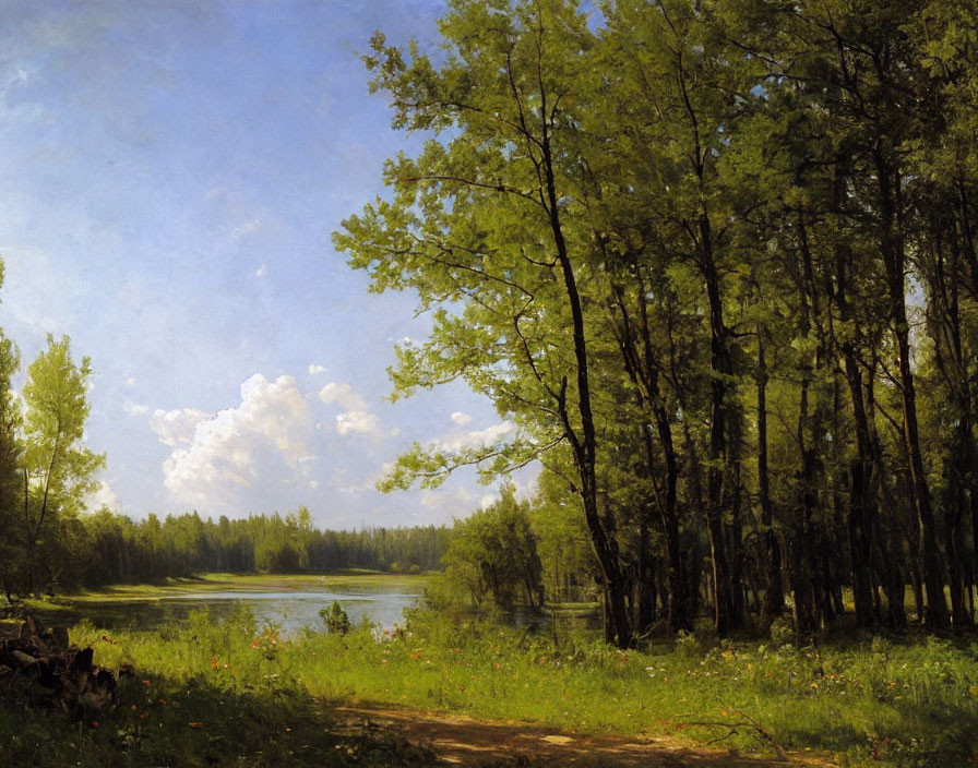 Tranquil forest and lake landscape painting