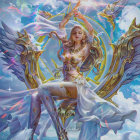 Ethereal woman with gold jewelry and butterflies in cosmic setting