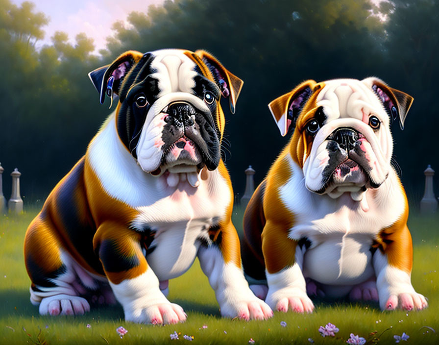 Brindle and White Bulldog Puppies in Grassy Field