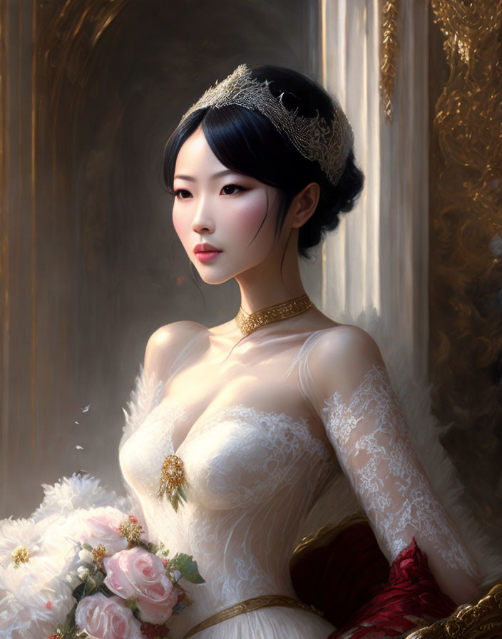 Digital artwork: Elegant bride in white dress with lace details & tiara