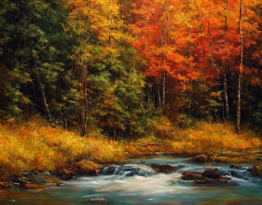 Tranquil autumn landscape with babbling brook and vibrant foliage