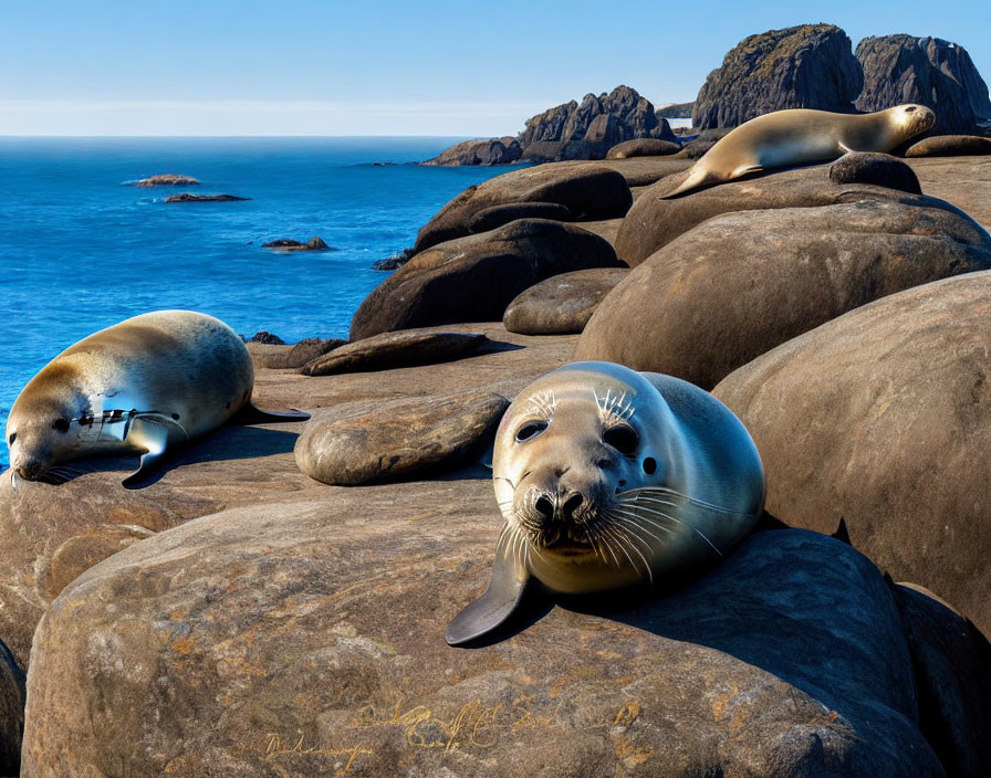 Sunlit Seals Resting on Rocky Coastline with Clear Blue Sky and Calm Sea