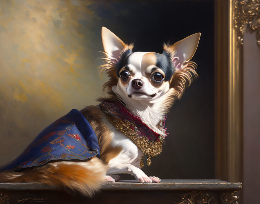 Chihuahua in regal costume against classical backdrop