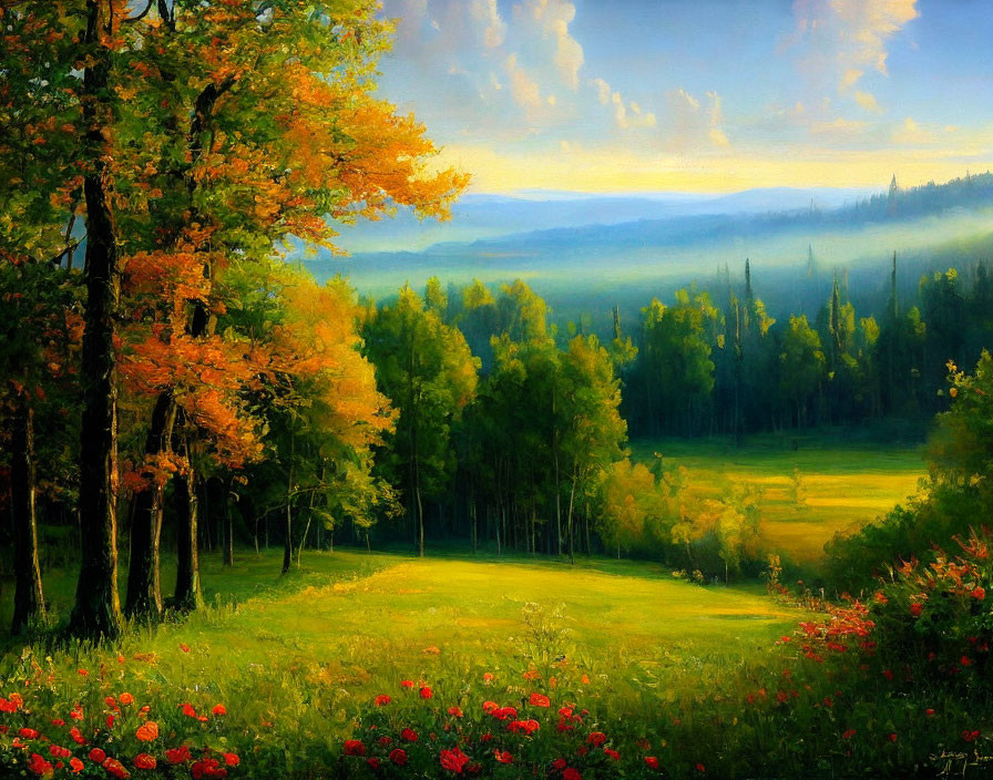 Colorful Landscape Painting: Lush Forest, Red Flowers, Glowing Horizon