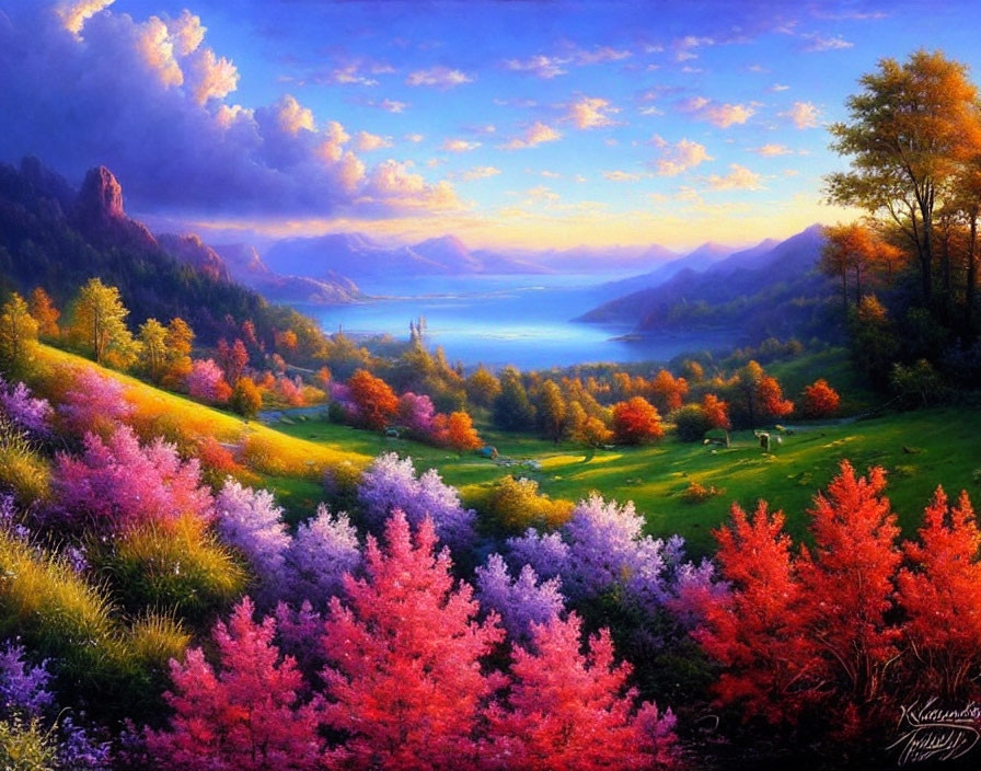 Colorful landscape painting with trees, lake, and mountains under dramatic sky