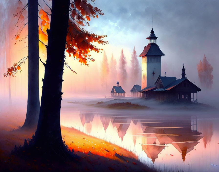 Serene lake with church reflection in misty autumn setting