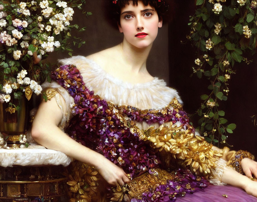 Woman with Dark Hair in Gold and Purple Dress by Foliage Backdrop