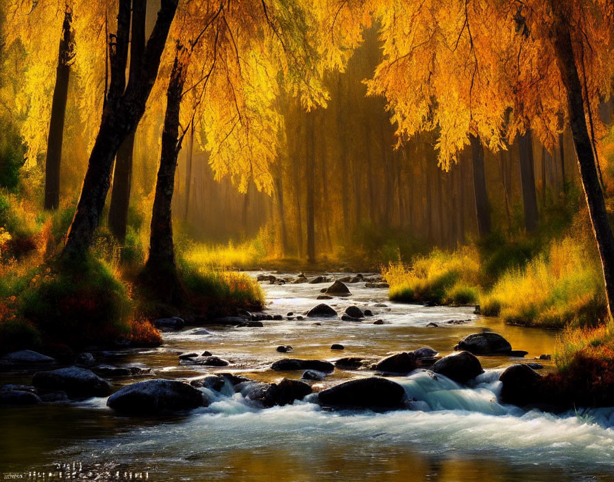 Tranquil autumn river in forest with golden foliage