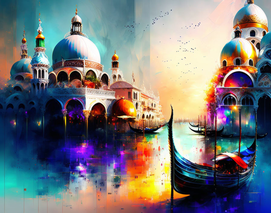 Venice cityscape with iconic architecture and gondola in vibrant, abstract colors