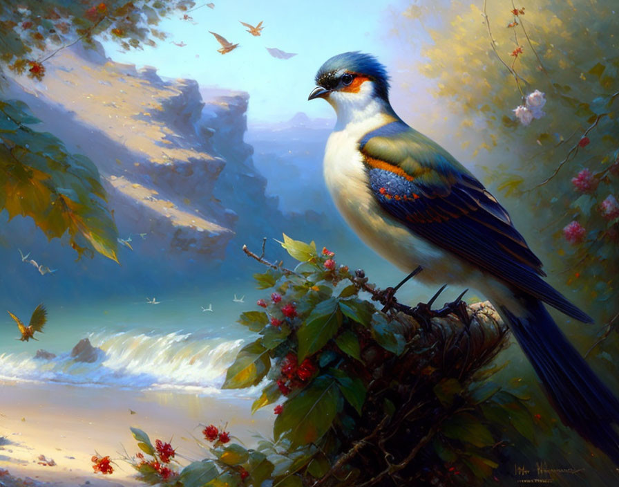 Colorful Blue and White Bird Perched in Serene Landscape with Waterfall and Butterflies