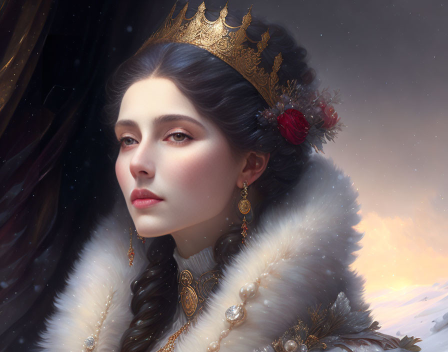 Regal woman in golden crown and white fur cloak under sunset sky