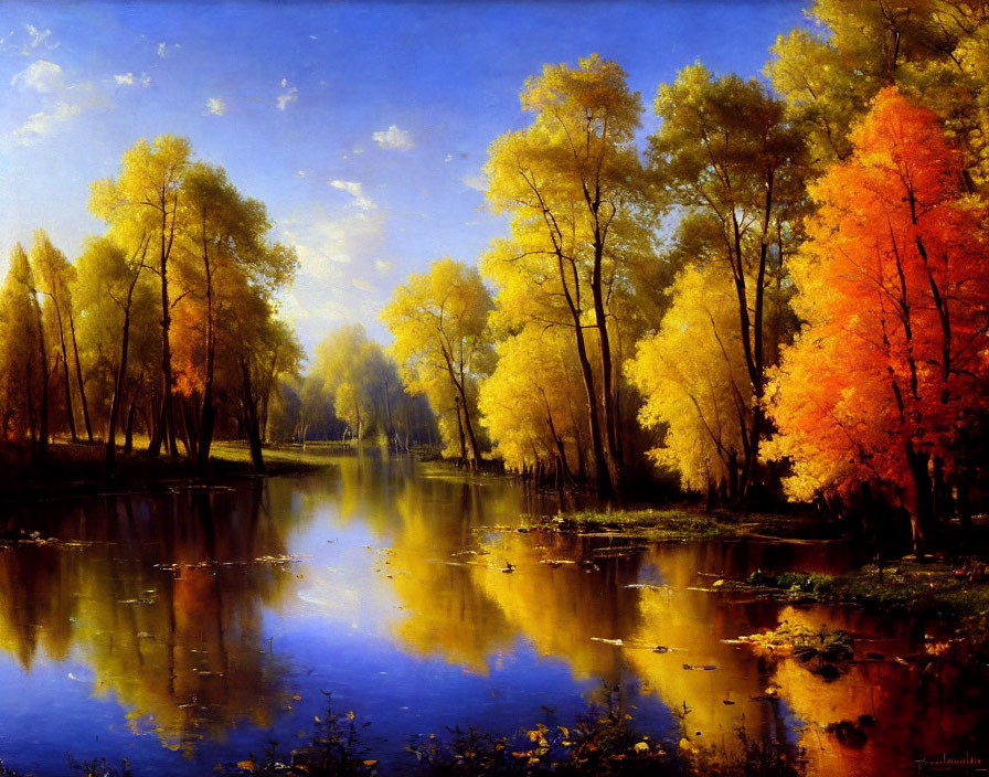 Autumn landscape: orange and yellow trees, river reflection, blue sky.