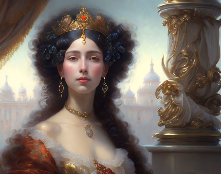 Regal woman in crown and jewels, elegant dress, serene gaze, palatial backdrop