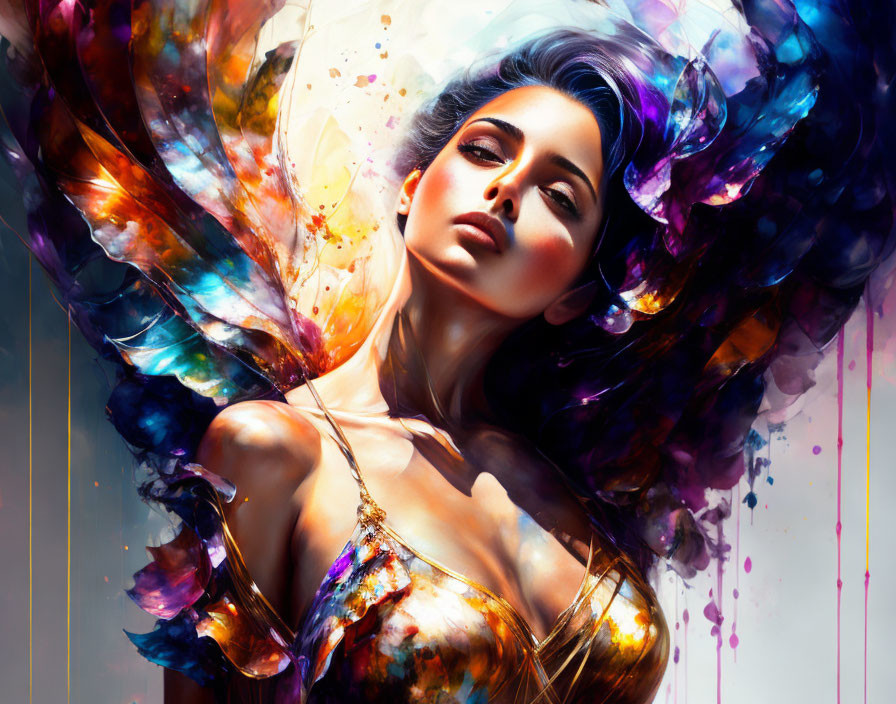 Colorful Abstract Digital Portrait of Woman with Paint Splash Hair