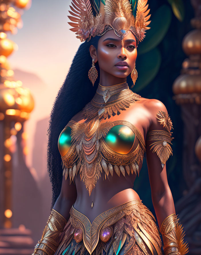 Dark-skinned woman in ornate golden headdress and armor with feather-like designs