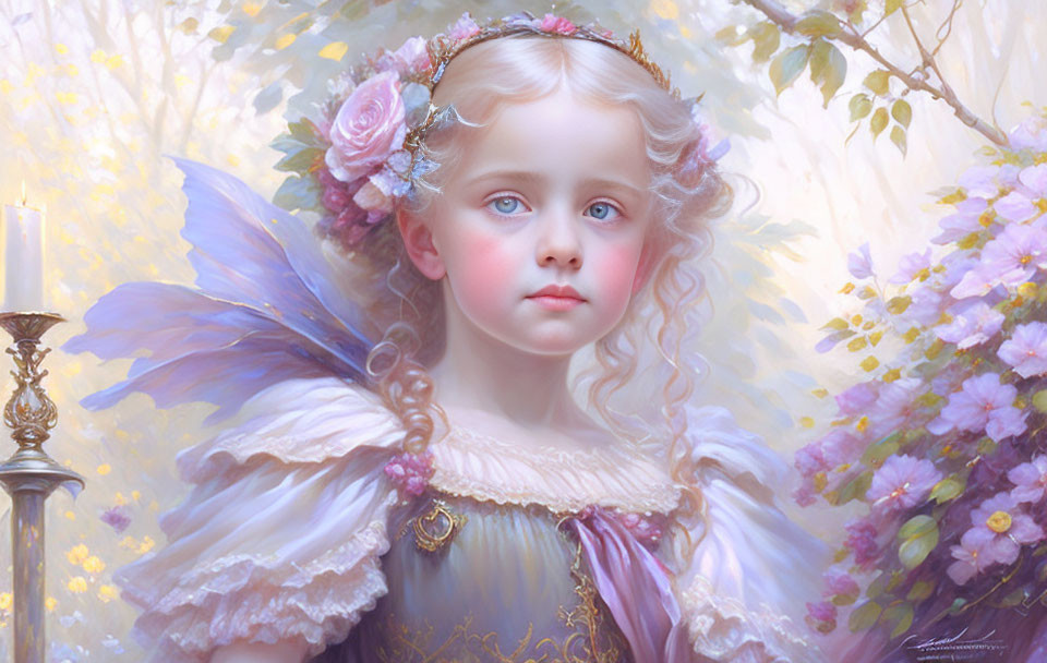 Young girl with angel wings and floral crown on soft, flower-filled background