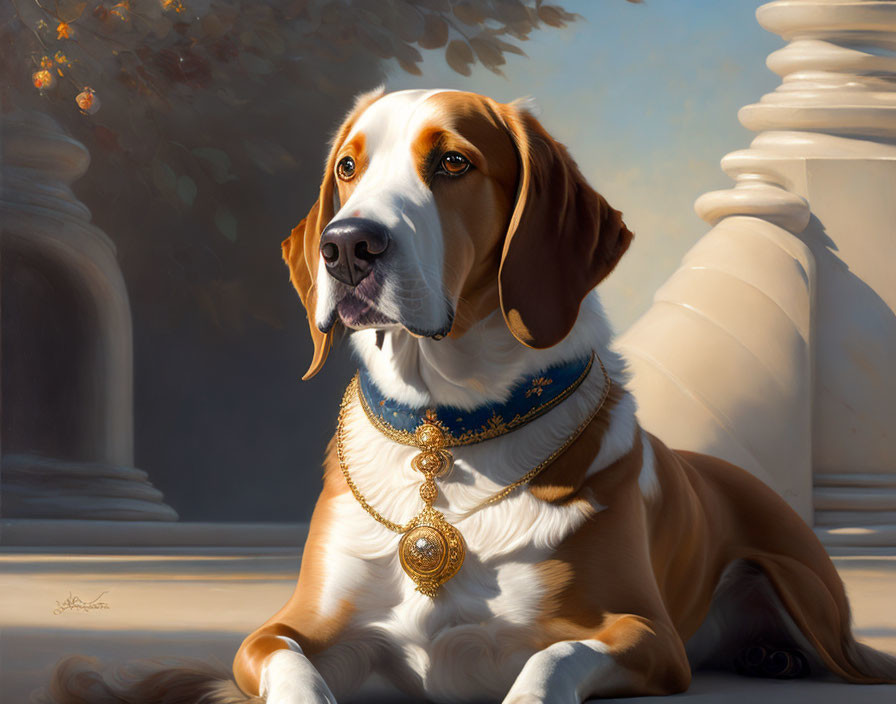 Regal dog with glossy coat and golden necklace in front of classical columns