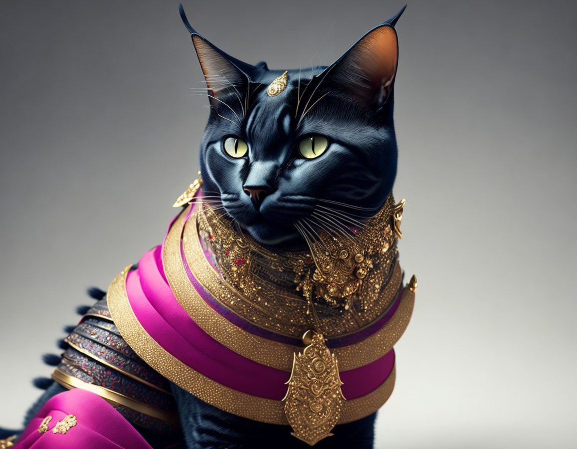 Digital Artwork: Black Cat with Green Eyes in Egyptian-Style Jewelry