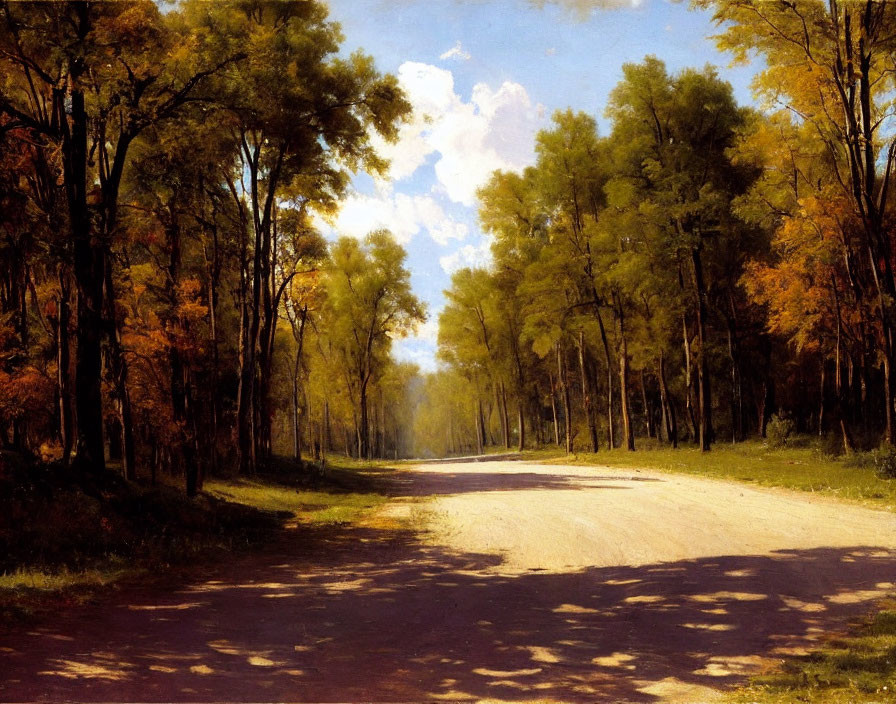 Tranquil autumn landscape with dirt road and colorful trees