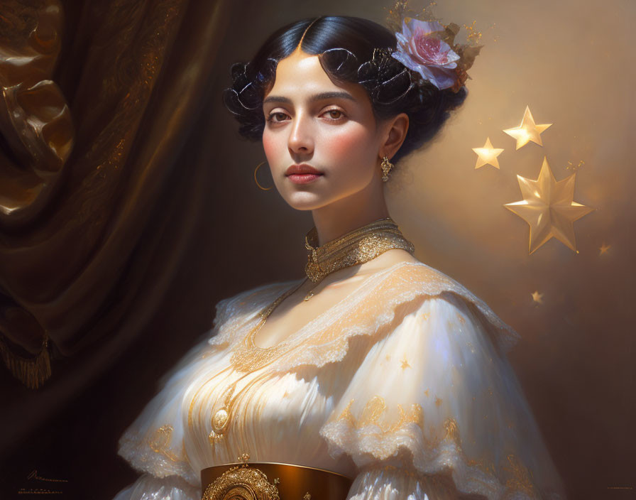 Vintage attire woman portrait with flower, stars, and golden glow.