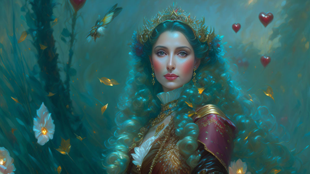 Regal woman in golden crown surrounded by butterflies and flowers