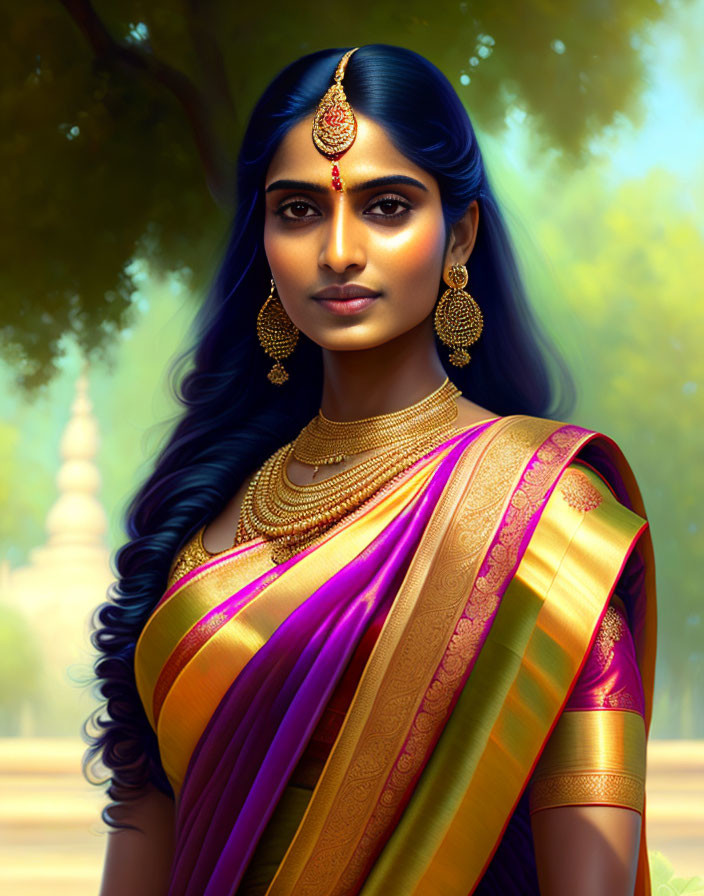 Digital artwork: Woman in traditional Indian attire with temple background