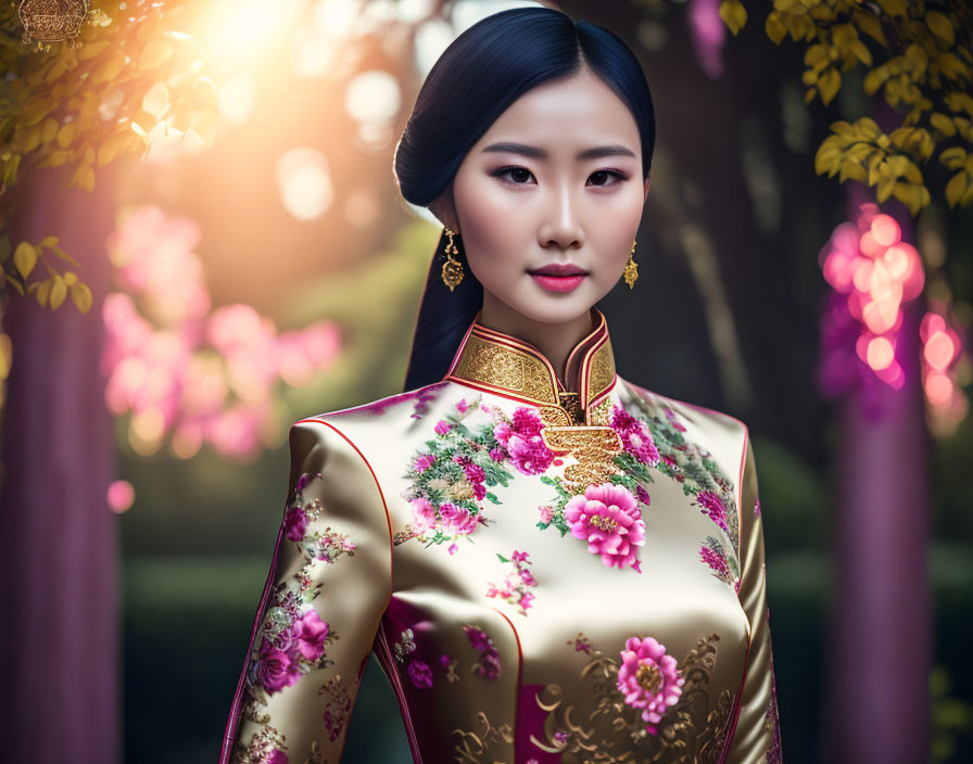 Traditional floral dress woman under warm glowing light with pink blossoms.