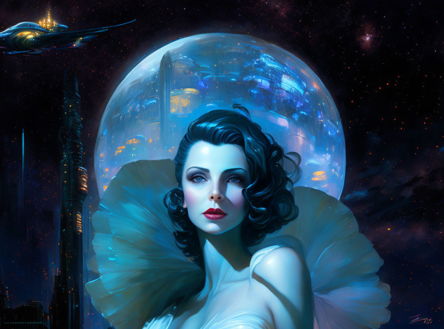 Futuristic cityscape with spacecraft: Stylized woman portrait against starry sky